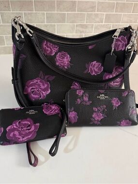 Coach Black Leather Shoulder Bag with Purple Rose Print and Matching Wallets